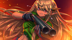  aiming aiming_at_viewer black_gloves blonde_hair brown_eyes commentary cosplay doom_(series) doom_ii doomguy doomguy_(cosplay) double-barreled_shotgun double_barrels fairy female gloves gun hair_behind_ear highres holding holding_weapon long_hair navel nijisanji nijisanji_en pointy_ears pomu_rainpuff sawed-off_shotgun shotgun solo space_marine substance20 virtual_youtuber weapon 