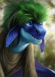  2023 a_chronicle_of_lies ambiguous_gender anthro artist_logo artist_name avoid_posting blue_body blue_scales blurred_background brown_clothing brown_shirt brown_topwear bust_portrait clothing depth_of_field digital_media_(artwork) dragon ears_down fellfallow green_hair hair hi_res horn iridescent_scales logo looking_forward membrane_(anatomy) membranous_wings mythological_creature mythological_scalie mythology open_mouth pivoted_ears portrait purple_eyes scales scalie shirt solo teeth topwear vincent_cordell wings 