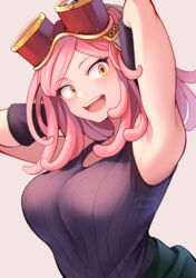  :d arm_up armpits black_gloves boku_no_hero_academia breasts chikuwa_savy female gloves goggles goggles_on_head grey_background hatsume_mei highres large_breasts medium_hair pink_hair simple_background smile solo symbol-shaped_pupils teeth twitter_username upper_body upper_teeth_only watermark yellow_eyes 