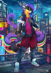  2023 5_fingers absurd_res anthro bottomwear building city clothing cyberpunk dragon fingers footwear future hi_res jacket long_tail male mythological_creature mythological_scalie mythology pants plantigrade plive rooftop scalie shoes skyscraper solo tail topwear wingless_dragon 