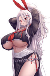  animal_ears arms_behind_head azur_lane black_choker breasts chains choker commentary_request cowboy_shot crop_top crop_top_overhang cropped_shirt earrings fake_animal_ears female grey_hair hair_between_eyes hair_ornament heart heart_choker highres huge_breasts jewelry long_hair looking_at_viewer multiple_earrings neckerchief official_alternate_costume open_mouth prinz_heinrich_(azur_lane) prinz_heinrich_(secret_boss_o&#039;_the_underworld?)_(azur_lane) red_eyes red_neckerchief red_ribbon red_sailor_collar ribbon sailor_collar simple_background solo underboob very_long_hair white_background x_hair_ornament yuuki_shuri 