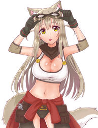  :p adjustable_wrench animal_ears blush breasts cleavage clothes_around_waist elbow_pads female fox fox_ears gloves goggles goggles_on_head grey_hair halterneck highres large_breasts lily_the_mechanic long_hair looking_at_viewer lost_pause mascot mechanic monotsuki navel photoshop_(medium) solo tongue tongue_out tool_belt tools upper_body wrench yellow_eyes 