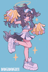  bare_shoulders black_hair blue_archive blue_background breasts cheerleader cleavage commentary crop_top facial_mark female full_body goggles goggles_on_head halo hand_up hibiki_(blue_archive) hibiki_(cheer_squad)_(blue_archive) highres holding koru_koruno long_hair medium_breasts millennium_cheerleader_outfit_(blue_archive) navel official_alternate_costume pleated_skirt pom_pom_(cheerleading) ponytail purple_eyes shoes simple_background skirt solo sparkle standing standing_on_one_leg star_(symbol) very_long_hair white_footwear white_skirt 