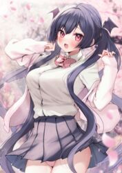  :d ayuma_sayu black_hair black_skirt blurry blurry_background blush bow bowtie breasts collared_shirt commentary cowboy_shot female hair_ornament hair_ribbon highres jacket large_breasts long_hair long_sleeves looking_at_viewer making-of_available oerba_yun_fang open_clothes open_jacket original panties pantyshot petals pink_bow pink_bowtie pink_jacket pink_panties pleated_skirt quad_tails red_eyes riasu-chan_(ayuma_sayu) ribbon shirt skirt sleeves_past_wrists smile solo standing underwear very_long_hair white_shirt wing_hair_ornament 