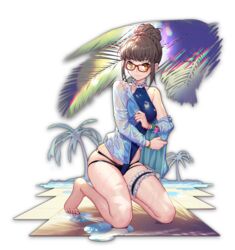  artist_request barefoot beach bracelet brown_hair coconut coconut_tree female game_cg glasses hair_bun jewelry kneeling looking_at_viewer mahjong_soul ninomiya_hana official_art one-piece_swimsuit palm_tree puddle red-framed_eyewear shirt simple_background single_hair_bun swimsuit tachi-e third-party_source transparent_background tree undressing wet wet_clothes wet_hair wet_shirt 