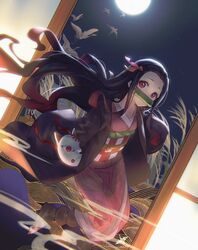  absurdres banxuan_c2ka bird bit_gag black_hair crane_(animal) female gag highres japanese_clothes kamado_nezuko kimetsu_no_yaiba kimono long_hair looking_at_viewer mask moon night night_sky red_eyes sky 