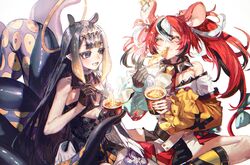  2girls animal_ears black_hair blue_eyes bow collar cup_ramen dice_hair_ornament flat_chest gradient_hair hair_ornament hakos_baelz highres hololive hololive_english jewelry key key_necklace long_hair mouse_ears mouse_girl mouse_tail multicolored_hair multiple_girls necklace ninomae_ina&#039;nis ninomae_ina&#039;nis_(1st_costume) orange_hair purple_hair quasarcake red_hair shin_ramyun sidelocks spiked_collar spikes tail tail_bow tail_ornament tentacle tentacle_hair very_long_hair virtual_youtuber 