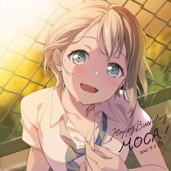  :d absurdres aoba_moca asymmetrical_bangs bang_dream! blue_eyes blue_necktie blush breasts chain-link_fence character_name cleavage collarbone collared_shirt dated english_text female fence from_above grey_hair hair_behind_ear happy_birthday head_tilt highres hot looking_at_viewer loose_necktie medium_breasts necktie nobusawa_osamu official_art open_collar open_mouth partially_unbuttoned shadow shirt short_hair short_sleeves smile solo striped striped_necktie sweat unbuttoning upper_body white_shirt wing_collar 