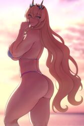  ass backlighting bare_shoulders barghest_(fate) barghest_(swimsuit_archer)_(fate) barghest_(swimsuit_archer)_(final_ascension)_(fate) beach bikini blonde_hair blush breasts cleavage closed_mouth fate/grand_order fate_(series) female gradient_sky green_eyes highres horns huge_ass huge_breasts long_hair looking_at_viewer looking_back looking_to_the_side lvl_(sentrythe2310) multicolored_bikini multicolored_clothes orange_sky sky smile solo sunset swimsuit thick_thighs thighs thong thong_bikini toned twilight very_long_hair wet white_bikini 