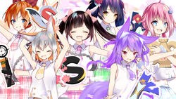  .live 6+girls animal_ears black_hair blue_hair brown_hair column_lineup commentary_request crossover grey_hair hanakoto_igusa highres indie_virtual_youtuber irodori_mayoi island_fox_(kemono_friends) kemono_friends kemono_friends_v_project long_hair looking_at_viewer mizugame_mia multiple_crossover multiple_girls necktie open_mouth pink_hair rascala39 re:act rurun_rururica sakurazuki_kanon shirt shrims simple_background skirt smile tail twintails virtual_youtuber white_background white_hair 