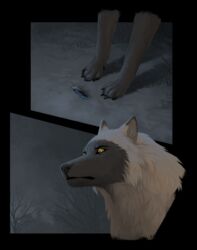  2020 4_toes black_nose canid canine canis digital_media_(artwork) feathers feet mammal oneminutesketch paws solo toes wolf yellow_eyes 