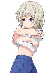  blue_skirt closed_mouth clothes_lift female grey_hair high_school_fleet highres medium_hair pleated_skirt purple_eyes shirt shirt_lift short_sleeves simple_background skirt solo tateishi_shima undressing white_background white_shirt yotubeya 