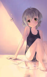  antenna_hair arm_support black_one-piece_swimsuit breasts collarbone commentary_request expressionless feet female grey_hair idolmaster idolmaster_cinderella_girls kawaseki legs light_blush looking_at_viewer mole mole_under_eye narumiya_yume on_floor one-piece_swimsuit school_swimsuit short_hair sitting small_breasts swimsuit water wet yellow_eyes 