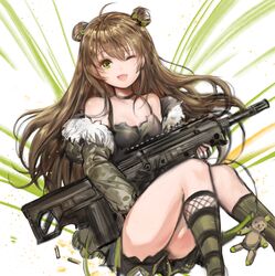  ahoge ammunition asymmetrical_legwear black_choker black_dress black_skirt bow breasts brown_hair bullpup camouflage camouflage_jacket choker dopey_(dopq) double_bun dress female fishnet_legwear fishnets full_body fur_trim girls&#039;_frontline green_background green_bow green_eyes gun hair_between_eyes hair_bun hairbow head_tilt holding holding_gun holding_weapon jacket kel-tec_rfb light_particles long_hair long_sleeves muzzle_device off_shoulder one_eye_closed open_mouth pleated_skirt rfb_(girls&#039;_frontline) rifle shirt skirt small_breasts smile solo stuffed_animal stuffed_toy teddy_bear weapon white_background 