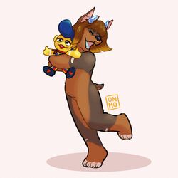  1:1 2024 4_toes absurd_res anthro blue_tongue brown_body brown_fur brown_hair canid canine canis digital_drawing_(artwork) digital_media_(artwork) diliana dobermann domestic_dog ear_piercing ear_stud facial_piercing feet female fur hair heart_symbol hi_res horn hug hugging_object hugging_plushie lolicon mammal moomoonjun nose_piercing nose_ring open_mouth piercing pinscher plushie ring_piercing short_hair short_tail simple_background solo tail toes tongue wally_darling watermark welcome_home young 