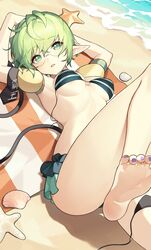  areola_slip armpits bare_arms beach beach_mat bikini bikini_skirt breasts commentary female green_bikini green_eyes green_hair highres looking_at_viewer lying medium_breasts nail_polish on_back pandoria_(beach_date)_(xenoblade) pandoria_(xenoblade) parted_lips pointy_ears purple_nails round_eyewear sand seashell shell soles solo starfish stephanieh81080 summer swimsuit tail toenail_polish toenails toes underboob xenoblade_chronicles_(series) xenoblade_chronicles_2 