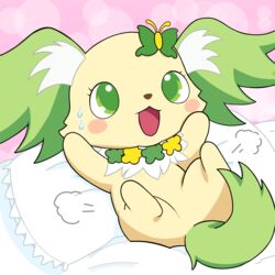  1:1 absurd_res accessory anthro bed bodily_fluids canid canine canis chibifur domestic_dog falling female fur furniture green_body green_eyes green_fur hair_accessory hi_res jewelpet jewelry mammal necklace papillon peridot_(jewelpet) pillow pink_background pomf sanrio sega sega_fave simple_background solo sweat sweatdrop tan_body tan_fur toy_dog x_kemo 