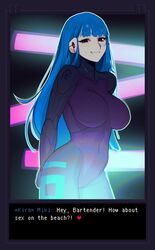  absurdres android arms_behind_back blue_hair breasts cowboy_shot english_text female heart highres kira_miki large_breasts long_hair looking_at_viewer parted_lips puk_(higanbana_doujin) red_eyes robot_ears smile solo teeth va-11_hall-a 