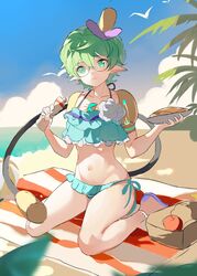  absurdres beach bikini bikini_skirt blue_sky cloud cloudy_sky female frilled_bikini frills full_body green_bikini green_eyes green_hair highres holding looking_at_viewer navel outdoors palm_tree pandoria_(beach_date)_(xenoblade) pandoria_(xenoblade) picnic picnic_basket pointy_ears round_eyewear sand short_hair sitting sky solo stephanieh81080 stomach summer swimsuit tail tree wariza water xenoblade_chronicles_(series) xenoblade_chronicles_2 