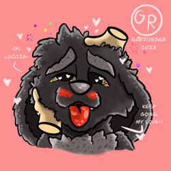  1:1 anthro black_body black_fur blush canid dialogue digital_drawing_(artwork) digital_media_(artwork) disembodied_hand duo english_text eyebrows fangs fur garrus368 good_boy grey_body grey_eyebrows grey_fur grey_nose headshot_portrait heart_eyes heart_symbol hi_res interspecies love male mammal narrowed_eyes nesthus_(garrus368) open_mouth petting_head pink_background portrait red_blush red_tongue shaded simple_background soft_shading teeth text thick_eyebrows tongue tongue_out wiffen_(specie) yellow_eyes 