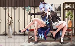  bare_legs black_dress black_footwear black_gloves blue_dress blue_hair breasts commentary_request detached_sleeves dress feifu female ganyu_(genshin_impact) ganyu_(twilight_blossom)_(genshin_impact) genshin_impact gloves high_heels highres holding horns indoors long_hair long_sleeves looking_at_viewer medium_breasts purple_eyes shenhe_(frostflower_dew)_(genshin_impact) shenhe_(genshin_impact) sleeveless sleeveless_dress smile thighs vase 