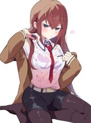  anger_vein belt black_pantyhose black_shorts blush bra breasts brown_jacket closed_mouth collared_shirt crossed_bangs enipa_28 female frown hair_between_eyes hands_up highres jacket lace-trimmed_bra lace_trim long_hair long_sleeves looking_at_viewer makise_kurisu medium_breasts necktie no_shoes open_clothes open_jacket pantyhose purple_bra red_hair red_necktie see-through see-through_shirt shirt short_shorts shorts sidelocks simple_background sitting solo steins;gate thighs underwear wariza wet wet_clothes wet_shirt white_background white_belt white_shirt 