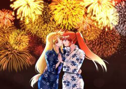  2girls aerial_fireworks blonde_hair blue_kimono brown_hair couple eye_contact face-to-face facing_another fate_testarossa festival fireworks floral_print floral_print_kimono holding_hands japanese_clothes jewelry kimono leoheart long_hair looking_at_another lyrical_nanoha mahou_shoujo_lyrical_nanoha_strikers multiple_girls night night_sky print_kimono red_eyes ring sky summer_festival takamachi_nanoha wedding_ring white_kimono wife_and_wife yukata yuri 