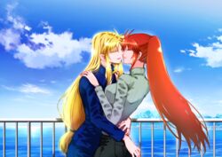  2girls aqua_sweater arms_around_waist blonde_hair blue_jacket blue_sky breasts brown_hair casual closed_eyes eyelashes face-to-face fate_testarossa hands_on_another&#039;s_back hands_on_another&#039;s_shoulders hug imminent_kiss jacket jewelry leoheart long_hair long_sleeves lyrical_nanoha mahou_shoujo_lyrical_nanoha_strikers multiple_girls ocean outdoors railing ring shore sky smile suit suit_jacket sweater takamachi_nanoha turtleneck turtleneck_sweater wedding_ring wife_and_wife yuri 