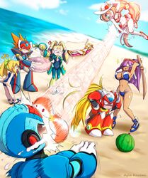  &gt;_&lt; 3boys 5girls absurdres alia_(mega_man) android annoyed armor artist_name axl_(mega_man) ayla_kazemi beach beach_chair bikini blue_bikini blue_one-piece_swimsuit blue_sky breasts brown_hair closed_eyes dark-skinned_female dark_skin ducking food forehead_jewel frilled_bikini frills fruit gun helmet high_ponytail highres holding holding_gun holding_weapon injury iris_(mega_man) large_breasts layer_(mega_man) long_hair lying medium_breasts medium_hair mega_man_(classic) mega_man_(series) mega_man_x_(series) mega_man_x_dive midair multiple_boys multiple_girls navel ocean on_back one-piece_swimsuit orange_bikini pallette_(mega_man) red_bikini revealing_clothes robot_girl roll_(mega_man) sand sky small_breasts spiked_hair suikawari swim_ring swimsuit two-tone_bikini v very_long_hair volleyball watermelon weapon white_bikini x_(mega_man) zero_(mega_man) 