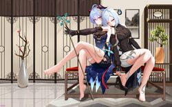  bare_legs barefoot black_dress black_gloves blue_dress blue_hair breasts commentary_request detached_sleeves dress feet feifu female ganyu_(genshin_impact) ganyu_(twilight_blossom)_(genshin_impact) genshin_impact gloves highres holding horns indoors legs long_hair long_sleeves looking_at_viewer medium_breasts purple_eyes shenhe_(frostflower_dew)_(genshin_impact) shenhe_(genshin_impact) sleeveless sleeveless_dress smile solo thighs toes vase 