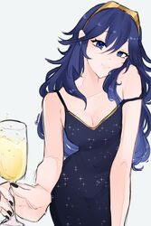  alternate_costume bare_shoulders blue_dress blue_eyes blue_hair breasts cleavage closed_mouth cup dress drink english_commentary female fire_emblem fire_emblem_awakening hair_between_eyes highres holding holding_cup long_hair looking_at_viewer lucina_(fire_emblem) serafineart1001 sleeveless sleeveless_dress small_breasts smile solo strap_slip symbol_in_eye tiara twitter_username white_background 