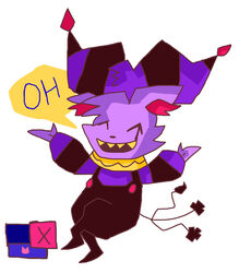  2_fingers blossown clothing clown deltarune dreamer dreamstory fingers fool&#039;s_hat fur hat headgear headwear hi_res humanoid imp jester_outfit male melting open_mouth pacheri purple_body purple_fur solo speech_bubble teeth undertale undertale_(series) undertale_au yellow_teeth 