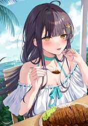  :p ahoge blonde_hair breasts cleavage collarbone female fingernails floating_hair hair_ornament halterneck hands_up highres hizuki_higure holding holding_own_hair holding_spoon katsu_curry long_hair looking_at_viewer ocean off-shoulder_shirt off_shoulder on_chair ore_no_haitoku_meshi_wo_onedari_sezu_ni_irarenai_otonari_no_top_idol-sama outdoors sasaki_yuzuki shirt sitting solo spoon tongue tongue_out white_shirt 