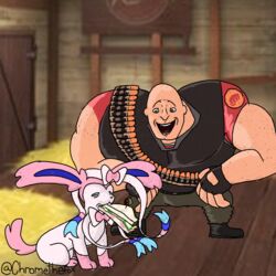  1:1 absurd_res chromethefox duo eating eeveelution feral food generation_6_pokemon heavy_(team_fortress_2) hi_res human laugh male mammal nintendo pokemon pokemon_(species) sandvich_(team_fortress_2) sandwich_(food) sylveon team_fortress_2 valve 