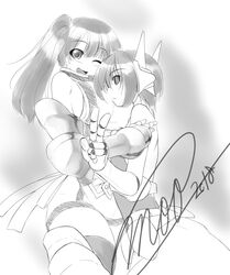  2girls absurdres astel_(wizards_symphony) atelier-moo bare_shoulders breasts closed_mouth expressionless flat_chest full_body golem greyscale hair_between_eyes highres long_hair mechanical_arms monochrome multiple_girls one_eye_closed open_mouth robot_ears short_hair side_ponytail sideboob signature simple_background smile spica_celest standing thighs v wizards_symphony 