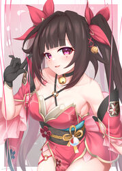  :d arm_at_side bananatsukis bell black_choker black_gloves blush border bow breasts brown_hair choker cleavage cowboy_shot dress female gloves gradient_hair hairbow hand_up highres honkai:_star_rail honkai_(series) large_breasts legs_together long_bangs looking_at_viewer multicolored_hair neck_bell o-ring open_mouth outside_border pelvic_curtain pink_eyes red_bow red_dress red_hair short_dress sidelocks sleeveless sleeveless_dress smile solo sparkle_(honkai:_star_rail) thick_thighs thighs twintails white_border 