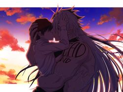  1boy aluco_klk andy_(undead_unluck) backlighting beanie black_hair breasts carrying closed_eyes clothes_lift commentary_request female hat height_difference highres izumo_fuuko kissing large_breasts long_hair muscular muscular_male scar scar_on_arm shirt_lift short_hair shoulder_tattoo straight sunset tattoo topless_male undead_unluck underboob very_long_hair white_hair 