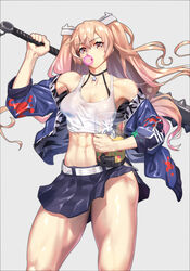  702_96 abs absurdres baseball_bat blonde_hair breasts chewing_gum cleavage club_(weapon) commission female food highres holding holding_food johnston_(kancolle) kantai_collection large_breasts long_hair muscular muscular_female navel off_shoulder pixiv_commission skirt spiked_club spikes sports_bra stomach thighs twintails weapon white_sports_bra yellow_eyes 