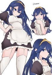  alternate_costume apron black_dress blue_eyes blue_hair breasts covering_own_mouth dress english_commentary female fire_emblem fire_emblem_awakening garter_straps hair_between_eyes hand_on_own_hip highres long_hair looking_at_viewer lucina_(fire_emblem) maid maid_apron multiple_views pout puffy_short_sleeves puffy_sleeves serafineart1001 short_sleeves small_breasts smile thighhighs tiara twitter_username white_apron white_background white_thighhighs 