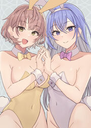  2girls animal_ear_hairband animal_ears bare_shoulders blue_hair blush bow bowtie breasts brown_hair cleavage closed_mouth collar collarbone covered_navel cowboy_shot detached_collar dot_nose fake_animal_ears fake_tail grey_background hair_between_eyes hairband highres holding_hands idolmaster idolmaster_shiny_colors idolmaster_shiny_colors_song_for_prism ikuta_haruki large_breasts leotard long_hair looking_at_viewer medium_breasts multiple_girls open_mouth pink_bow pink_bowtie playboy_bunny purple_eyes purple_leotard rabbit_ear_hairband rabbit_ears rabbit_tail short_hair smile standing strapless strapless_leotard suzuki_hana tail white_collar white_wrist_cuffs wrist_cuffs yellow_bow yellow_bowtie yellow_eyes yui081 