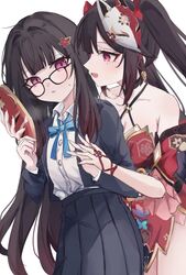  2girls :d bare_shoulders black_jacket black_skirt blazer blush breasts brown_hair cleavage collarbone collared_shirt cowboy_shot dress dual_persona fox_mask glasses gradient_hair hair_ornament hairclip highres holding holding_mask honkai:_star_rail honkai_(series) jacket large_breasts long_hair looking_at_another mask mask_on_head multicolored_hair multiple_girls open_clothes open_jacket open_mouth pe_eee00 pelvic_curtain pink_eyes pleated_skirt profile red_dress red_hair school_uniform shirt short_dress simple_background skirt sleeveless sleeveless_dress smile sparkle_(honkai:_star_rail) straight_hair twintails very_long_hair white_background white_shirt 