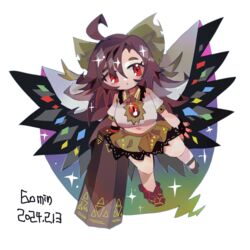  :o ahoge arm_cannon bird_wings black_footwear black_wings blush bow breasts brown_hair cape collared_shirt commentary_request completion_time control_rod cross-shaped_pupils curvy dated doryata expressionless female frilled_shirt_collar frills full_body green_bow green_skirt hair_between_eyes hairbow highres large_breasts long_hair looking_to_the_side medium_bangs midriff navel one-hour_drawing_challenge open_mouth rainbow_order red_eyes reiuji_utsuho shirt shoes simple_background single_shoe skirt solo symbol-shaped_pupils third_eye touhou two-sided_cape two-sided_fabric very_long_hair weapon white_background white_cape white_shirt wings 