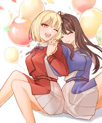  2girls back-to-back balloon belt black_hair blonde_hair blue_bow blue_bowtie blush bow bowtie chinese_commentary closed_eyes commentary_request confetti dawn_(artist) eyelashes feet_out_of_frame grey_bow grey_bowtie happy highres holding_hands inoue_takina interlocked_fingers knees_up long_hair looking_at_another lycoris_recoil lycoris_uniform multiple_girls nishikigi_chisato one_eye_closed open_mouth pleated_skirt red_eyes short_hair sitting skirt smile uniform yuri 