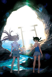  2girls bare_shoulders barefoot blue_one-piece_swimsuit blue_shorts blush braid cave chigawa_kon competition_school_swimsuit dress flip-flops from_behind full_body furuka_hitoto hattori_mitsuru highres kaijuu_iro_no_shima kneepits lens_flare long_hair looking_at_viewer looking_back multiple_girls ocean one-piece_swimsuit outdoors parted_lips profile reaching_towards_another sandals school_swimsuit short_hair shorts standing sun swimsuit swimsuit_under_clothes torii twin_braids white_dress 