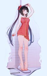  absurdres arm_at_side bare_legs barefoot bathroom bow brown_hair closed_eyes closed_mouth eyeliner facing_ahead feet female frown hairbow highres honkai:_star_rail honkai_(series) legs legs_apart long_hair makeup measuring nail_polish naked_towel qweeliart red_bow red_eyeliner red_nails red_towel solo sparkle_(honkai:_star_rail) stadiometer thighs tile_wall tiles tiptoes toenail_polish toenails toes towel twintails very_long_hair weighing_scale 