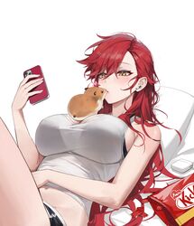  absurdres airpods aki_(maenoo) bare_shoulders black_shorts bra_visible_through_clothes brand_name_imitation breasts candy_wrapper commentary crop_top earbuds_charging_case female hamster highres holding holding_phone large_breasts long_hair lying maenoo midriff navel on_back original phone pillow red_hair shorts symbol-only_commentary tank_top white_background white_tank_top wireless_earphones yellow_eyes 