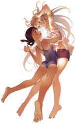  2girls aqua_eyes armpits ass bare_arms bare_legs bare_shoulders barefoot black_hair blonde_hair braid cellphone chigawa_kon competition_school_swimsuit cropped_shirt feet from_side furuka_hitoto hand_in_own_hair hattori_mitsuru highres holding_hands hug kaijuu_iro_no_shima legs long_hair looking_at_another looking_at_viewer looking_back multiple_girls nail_polish navel one-piece_swimsuit open_fly open_mouth phone purple_eyes red_nails red_shorts school_swimsuit shirt short_hair shorts simple_background smartphone soles swimsuit toenail_polish toenails toes twin_braids white_background white_shirt yuri 