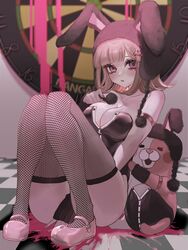  absurdres animal_ears ass black_leotard blood breasts danganronpa_(series) danganronpa_2:_goodbye_despair dart detached_collar fake_animal_ears fake_tail female flipped_hair hair_ornament highres large_breasts leotard looking_at_viewer medium_hair mi_loveyouuu mole mole_on_breast nanami_chiaki neck_ribbon official_alternate_costume pink_blood playboy_bunny rabbit_ears rabbit_tail ribbon strapless strapless_leotard tail wrist_cuffs 