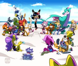  6+girls :d ;d adventures_of_sonic_the_hedgehog amy_rose animal_ears bat_ears bat_girl beach bikini black_fur blaze_the_cat blue_sky book brown_fur bunnie_rabbot cat_ears cat_girl cellphone clenched_teeth closed_eyes cloud commentary cream_the_rabbit day deebs dragon dulcy_(sonic) ebony_the_cat english_commentary eyewear_on_head fangs flag food furry furry_female happy hat hedgehog_girl holding holding_flag holding_food holding_popsicle in-franchise_crossover looking_at_another lying marine_the_raccoon mina_mongoose miss_possum multiple_girls nicole_the_holo-lynx ocean on_stomach one_eye_closed open_mouth orange_fur outdoors partially_buried phone pink_fur ponytail popsicle pulling purple_fur rabbit_ears rabbit_girl raccoon_ears raccoon_girl raccoon_tail rope rouge_the_bat sally_acorn sand sandals sitting sky smile sonia_the_hedgehog sonic_(series) sonic_boom_(series) sonic_the_comic sonic_the_hedgehog_(archie_comics) sonic_the_hedgehog_(idw) sonic_underground sticks_the_badger sun_hat sunglasses swimsuit tail tangle_the_lemur teeth tekno_the_canary tug_of_war white_fur yellow_fur 