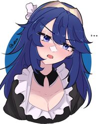  ... alternate_costume blue_eyes blue_hair breasts choker cleavage english_commentary female fire_emblem fire_emblem_awakening hair_between_eyes long_hair looking_at_viewer lucina_(fire_emblem) maid open_mouth serafineart1001 small_breasts solo symbol_in_eye tiara twitter_username upper_body 